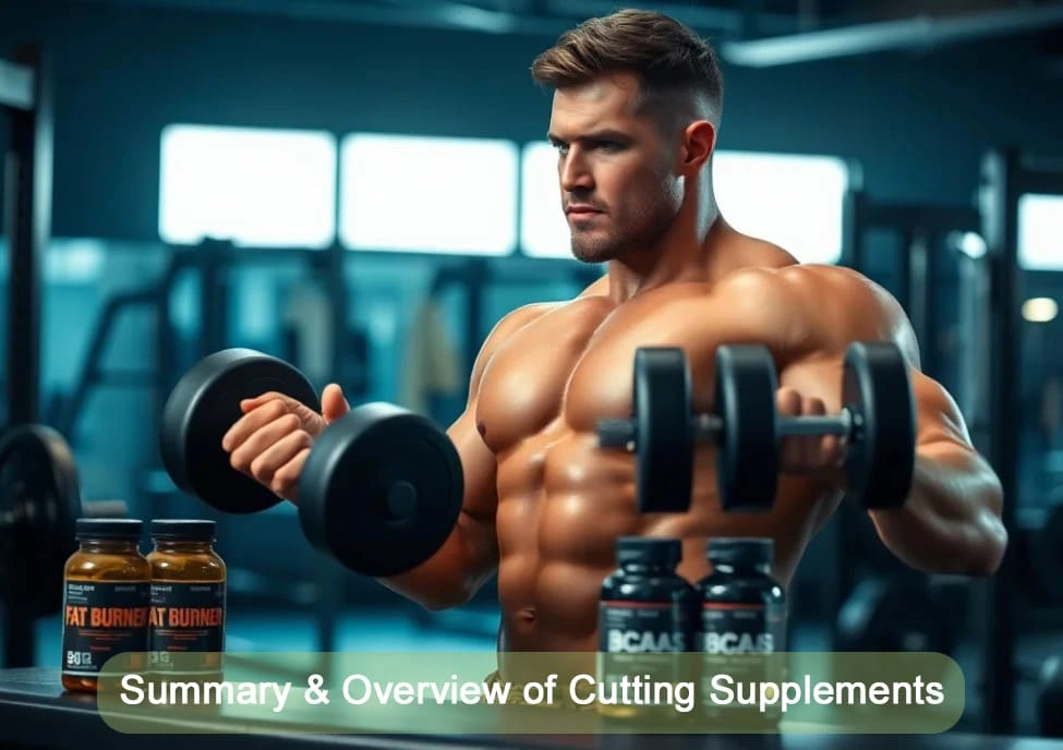 A man lifting dumbbells in a gym, surrounded by bottles of supplements on a nearby bench.