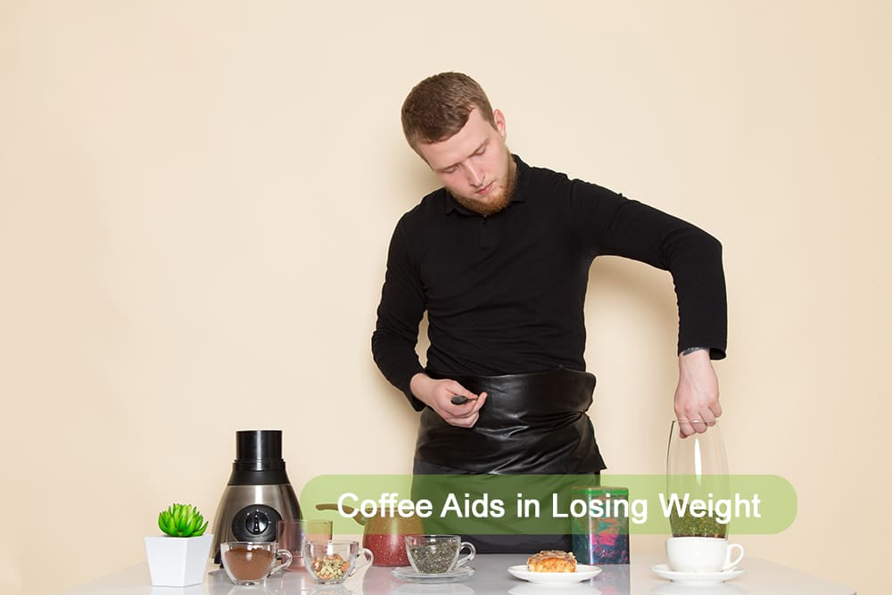 Man preparing herbal or weight loss coffee with blender, cups, and natural ingredients on a table