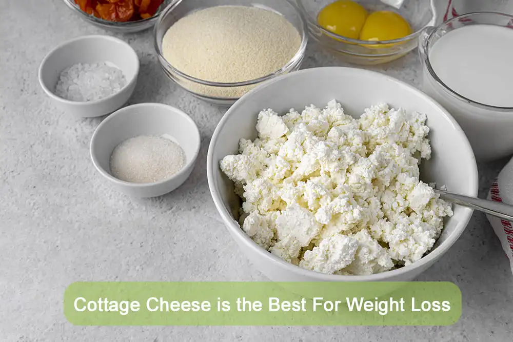 Bowl of fresh cottage cheese surrounded by healthy ingredients on a kitchen counter
