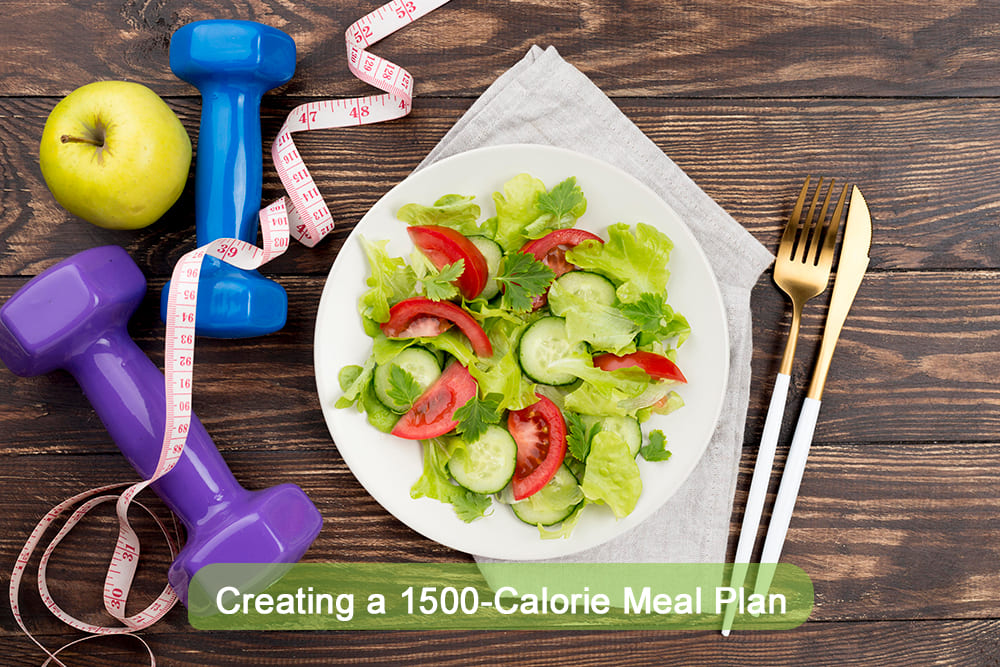 A fresh salad on a plate with cucumber, tomato, and lettuce beside dumbbells, an apple, and measuring tape