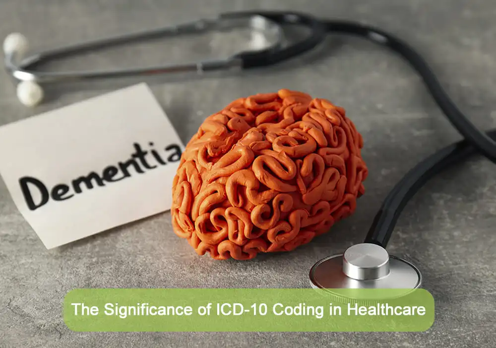 A model of a human brain with a stethoscope and a note labeled "Dementia," symbolizing medical diagnosis and coding