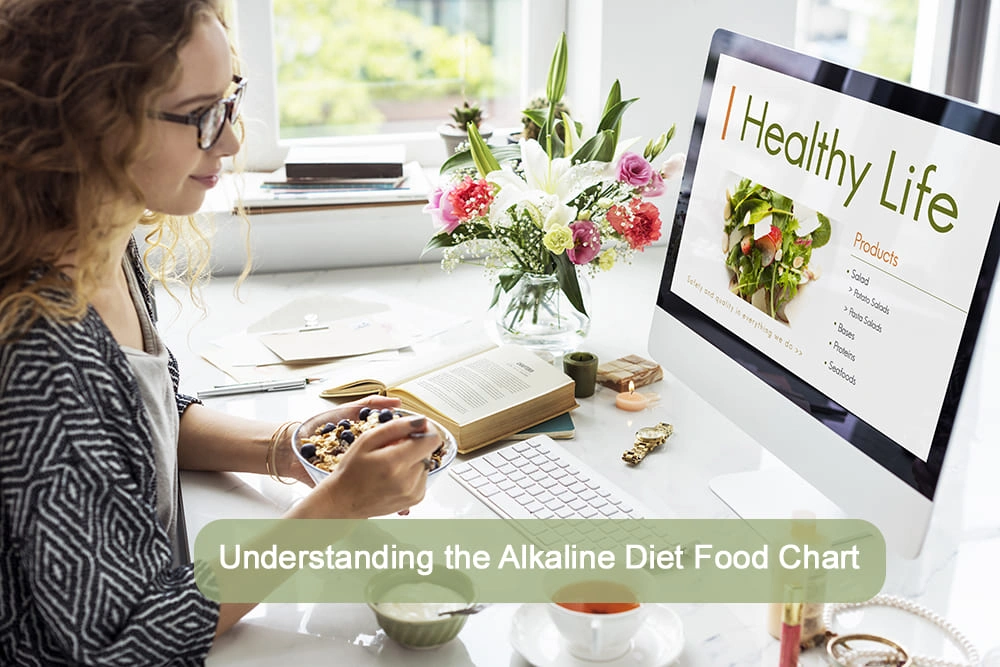 Woman enjoying a healthy breakfast while learning about the alkaline diet food chart on her computer.