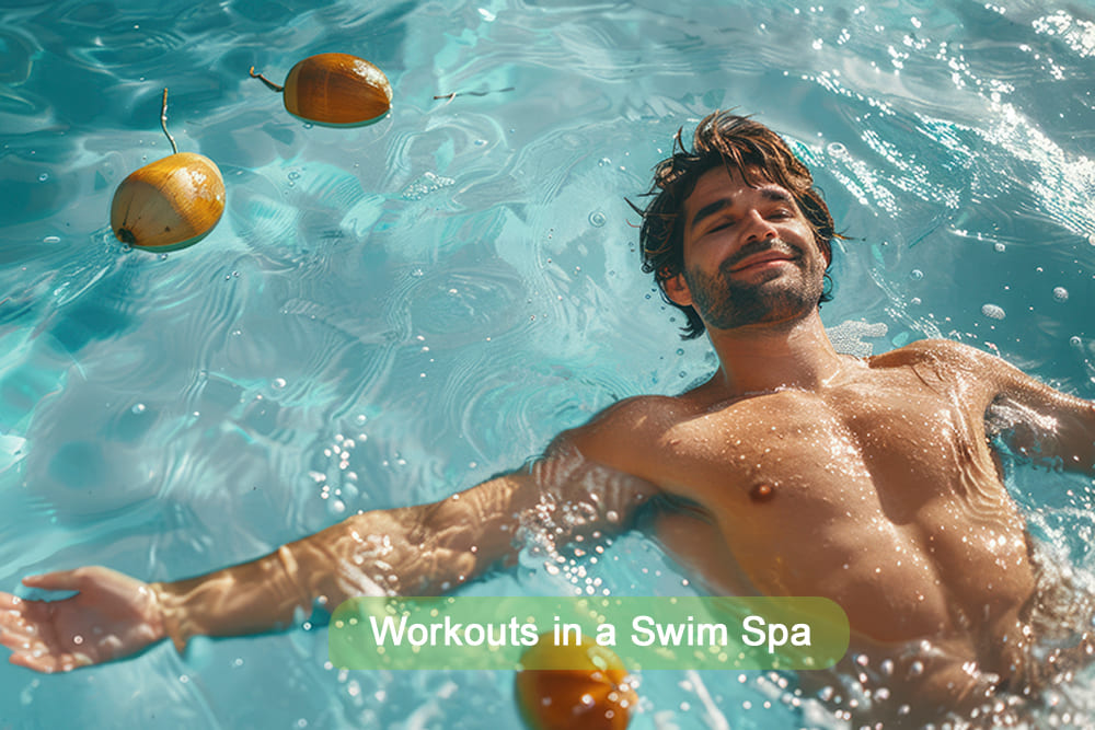 Relaxed shirtless man floating in a pool with coconuts around him – tropical summer wellness and hydration concept