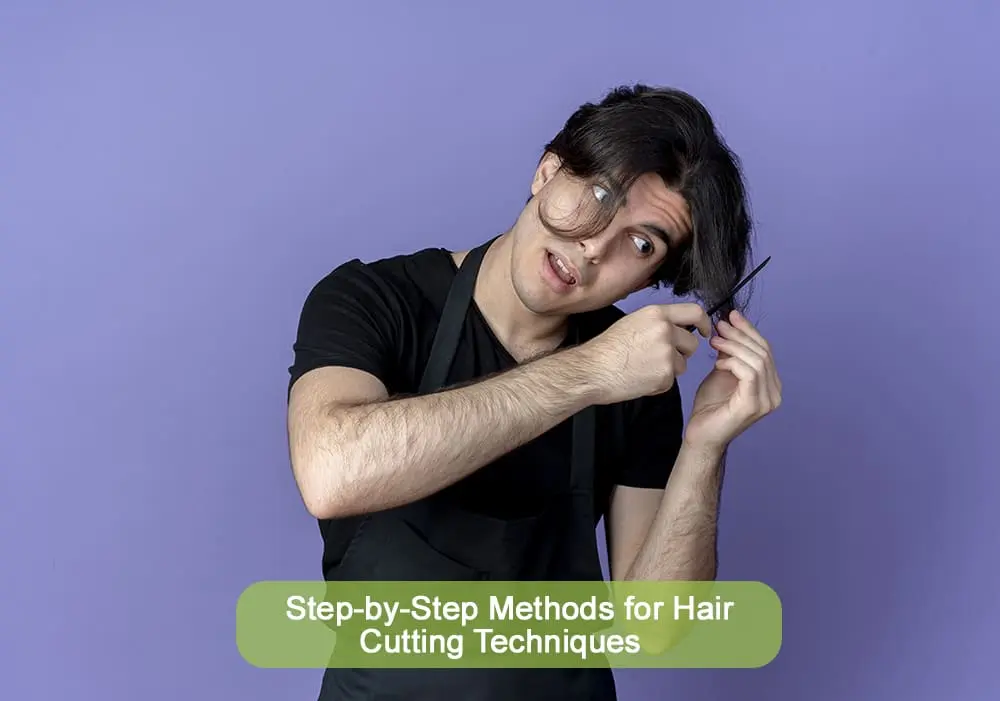 A young man nervously cutting his own hair in front of a mirror with scissors.