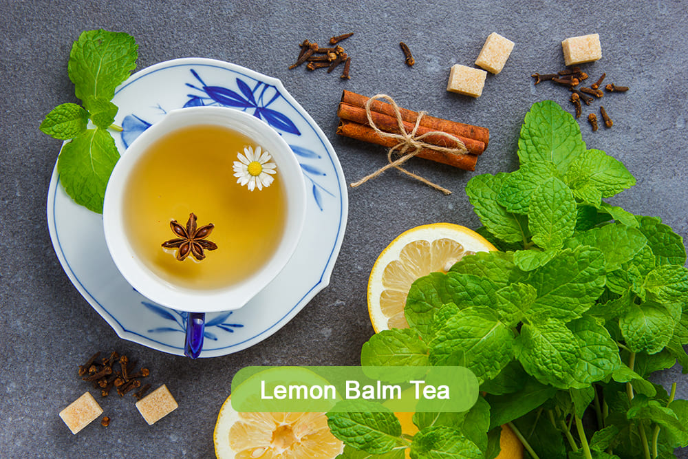 Lemon balm tea in a white cup with star anise, chamomile flower, lemon slices, mint leaves, cinnamon sticks, and cloves on a gray background